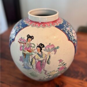 Vintage Chinese Famille Peony Porcelain Rouleau Vase With Figures